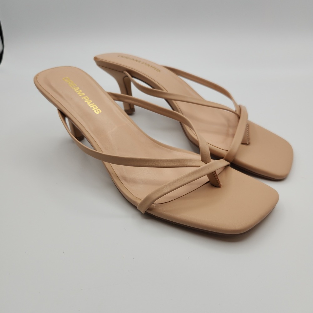 Dream Pairs Kitten Heel Thong Sandals Womens 9 Beige Square Toe Comfort Slip On